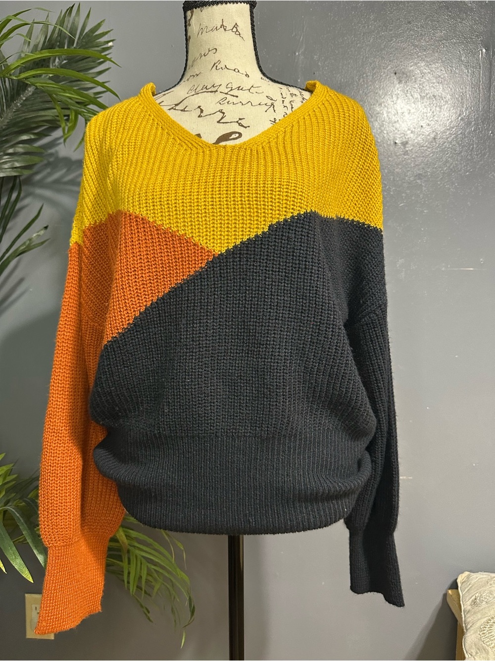 Colorblock Knit Sweater - Yellow, Orange & Black